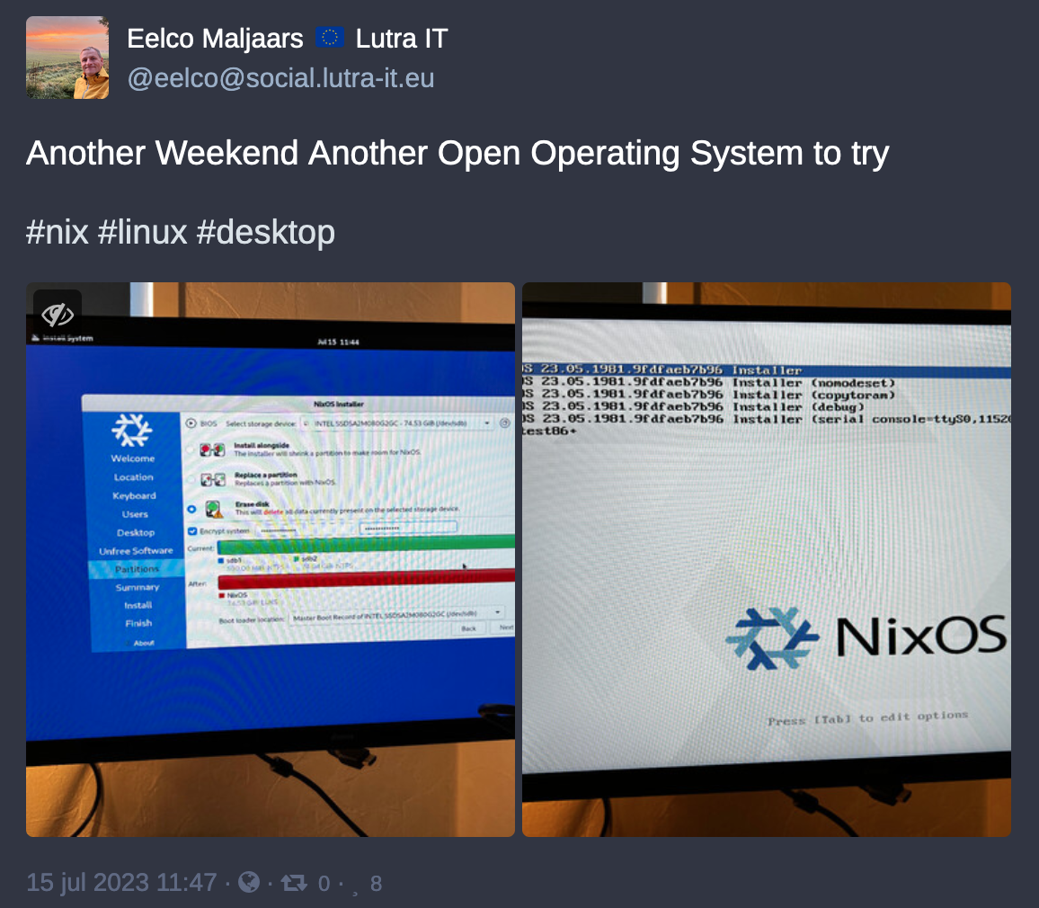 Screenshot of toot installing Nixos