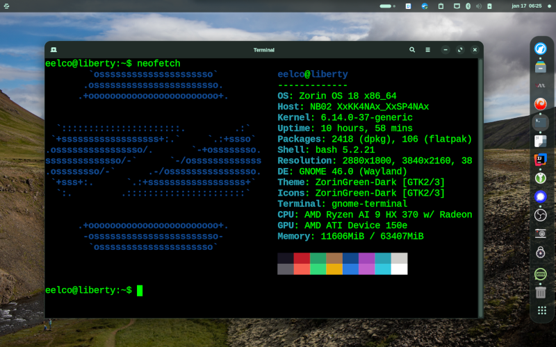 Zorin desktop screenshot showing neofetch output